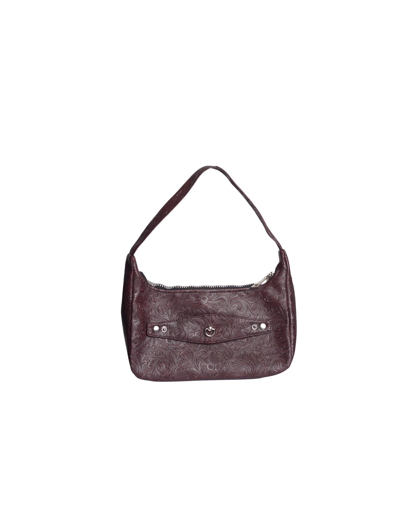 burgundy handbag with decorative elements on a white background
