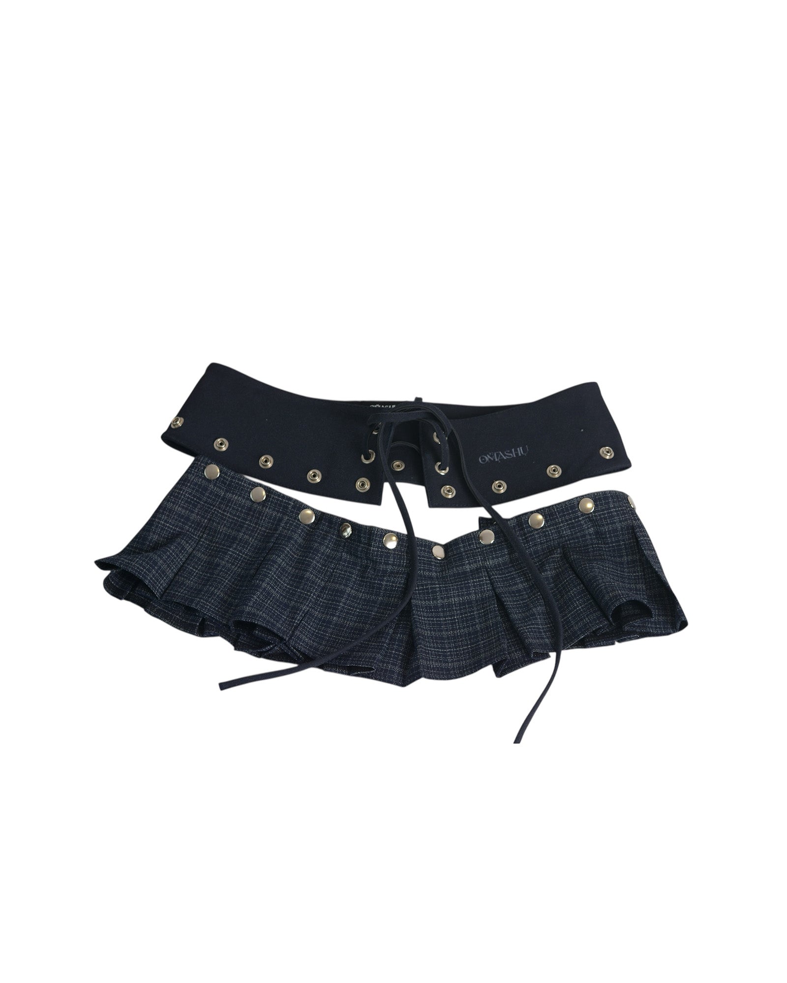 Navy blue skirt with decorative buttons on a white background