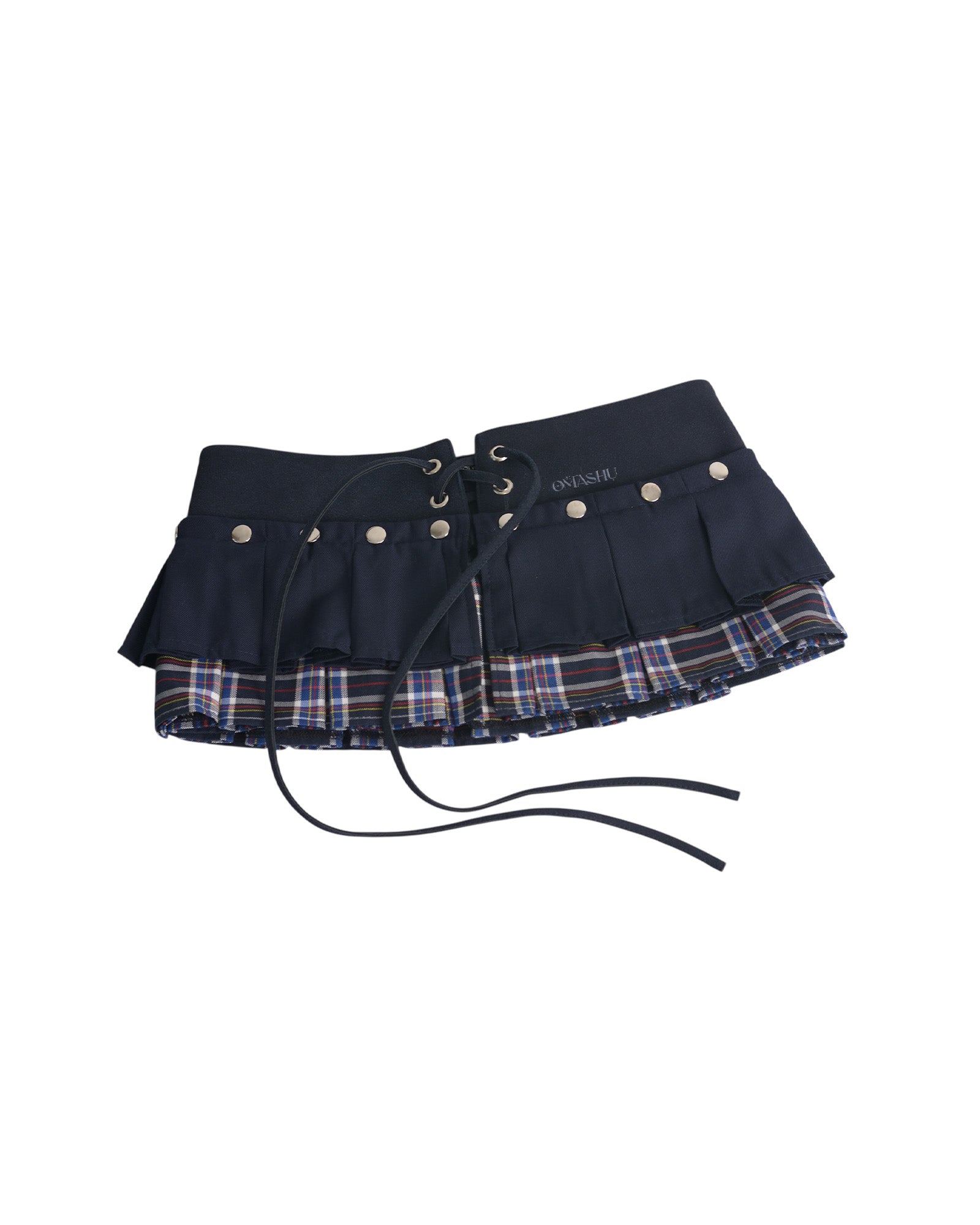 Navy blue skirt with plaid pattern and silver buttons on a white background