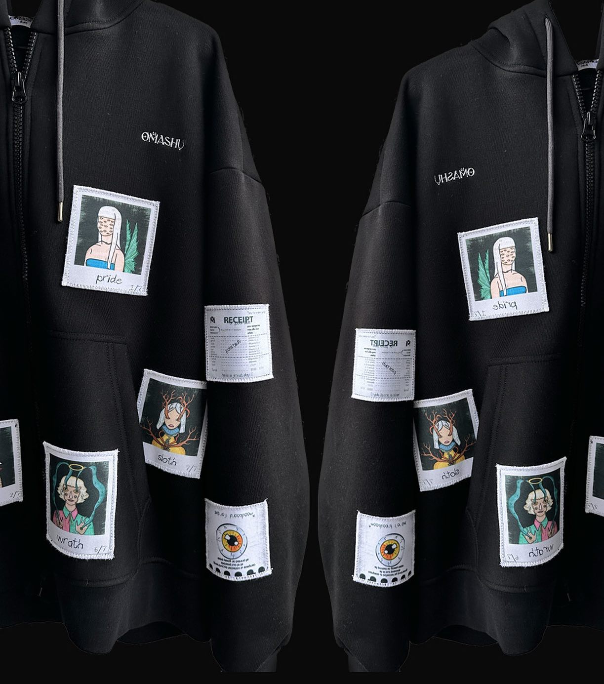 A black hoodie with multiple patches of different sizes and shapes scattered all over it. The patches have different designs on them, including cartoon characters, photographs, and text. The hoodie has a zipper in the front and a hood with drawstrings.