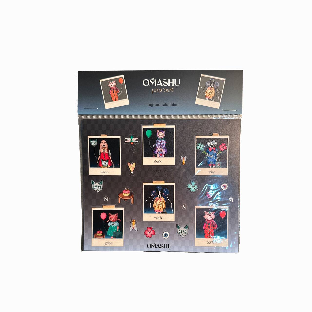 a sticker pack titled "OMASHU Polaroids - dogs and cats edition," featuring several cartoon-style Polaroid images of animals. Each Polaroid frame has a different dog or cat character with names like "Kittie," "Dodo," "Toby," "Mochi," "Jiyah," and "Totn." The characters are adorned with various accessories, including balloons, flowers, and other small whimsical elements like bugs and icons around them. The color scheme is vibrant, and the layout presents each character in a creative, artistic style with in