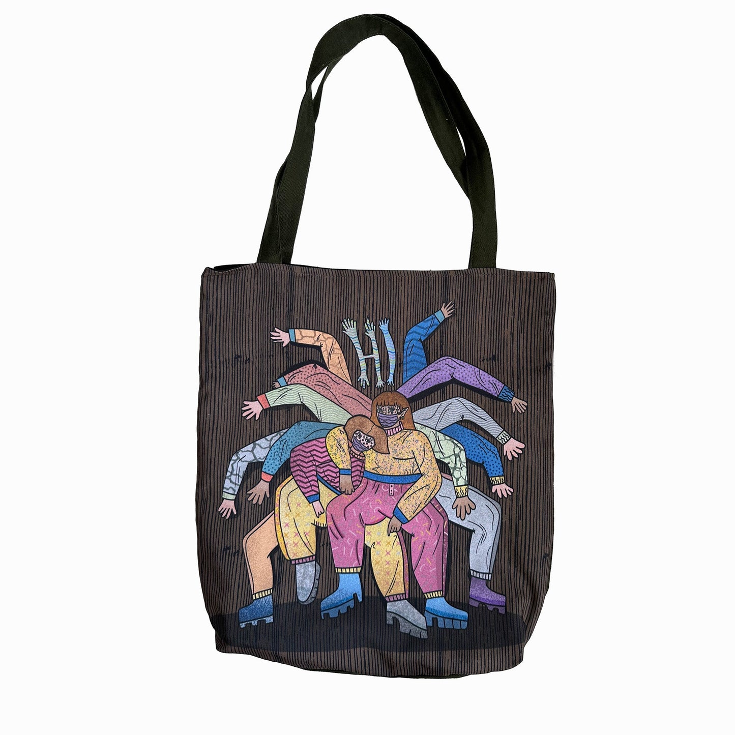 A photo of a tote bag with a colorful design of a group of people with their arms stretched out in different directions, wearing colorful clothes and with different skin tones, against a dark brown background with vertical lines, with a green handle.