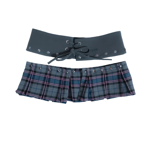 A two-piece schoolgirl-style skirt set featuring a pleated plaid skirt in blue, green, and pink with a matching wide lace-up belt, shown on a plain white background.