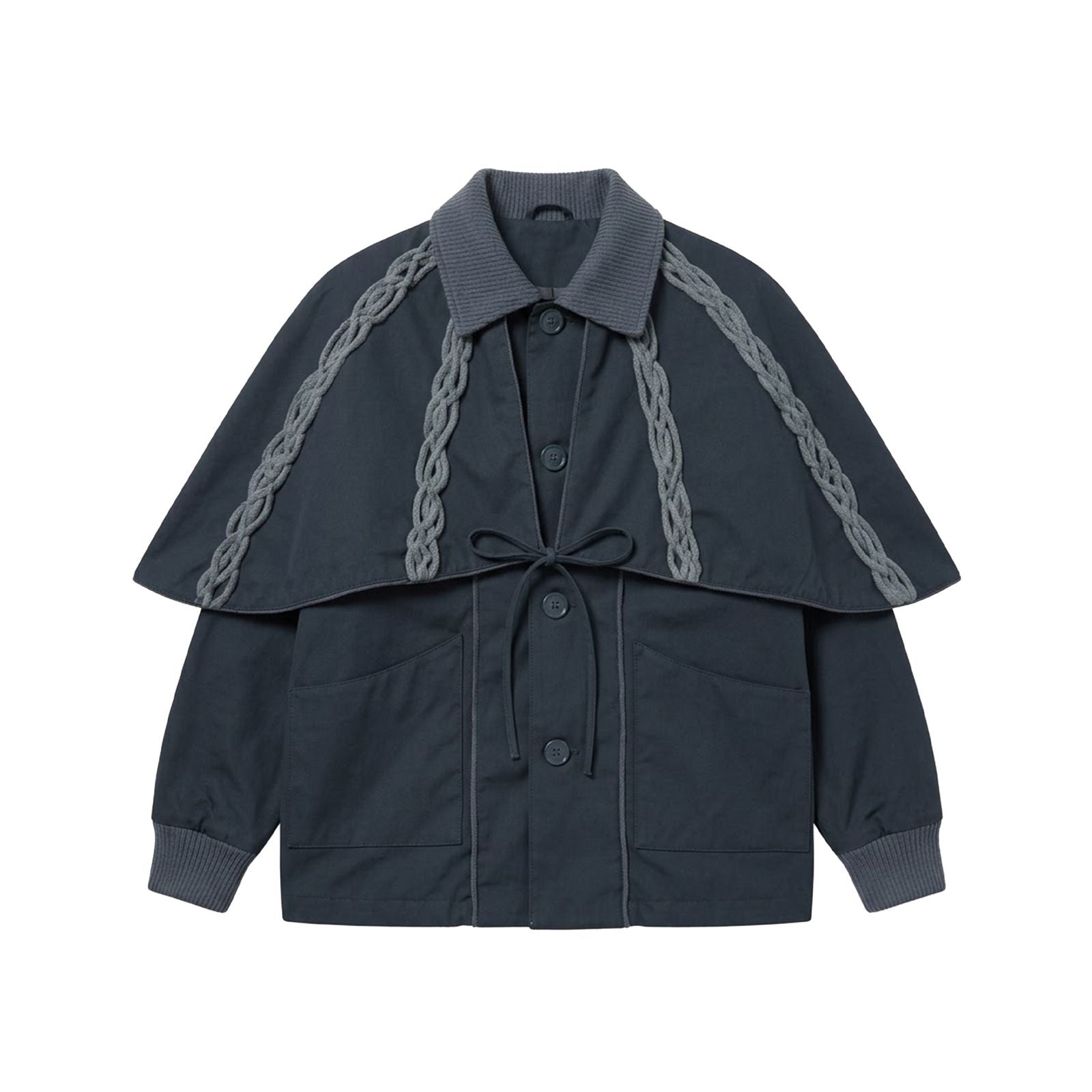 Dark blue jacket with chain details on a white background