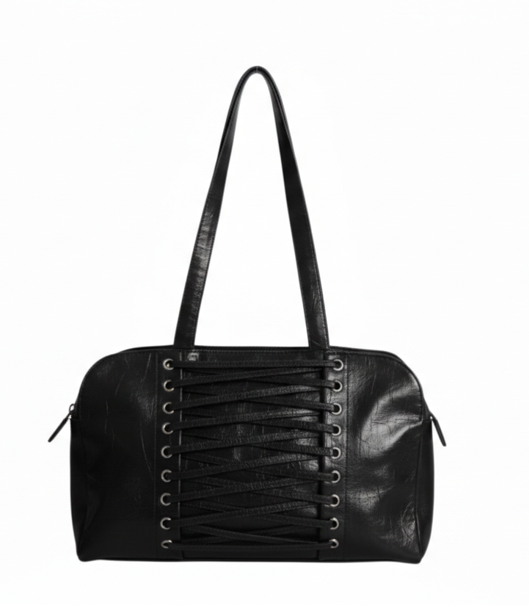 Black handbag with decorative lacing on a white background