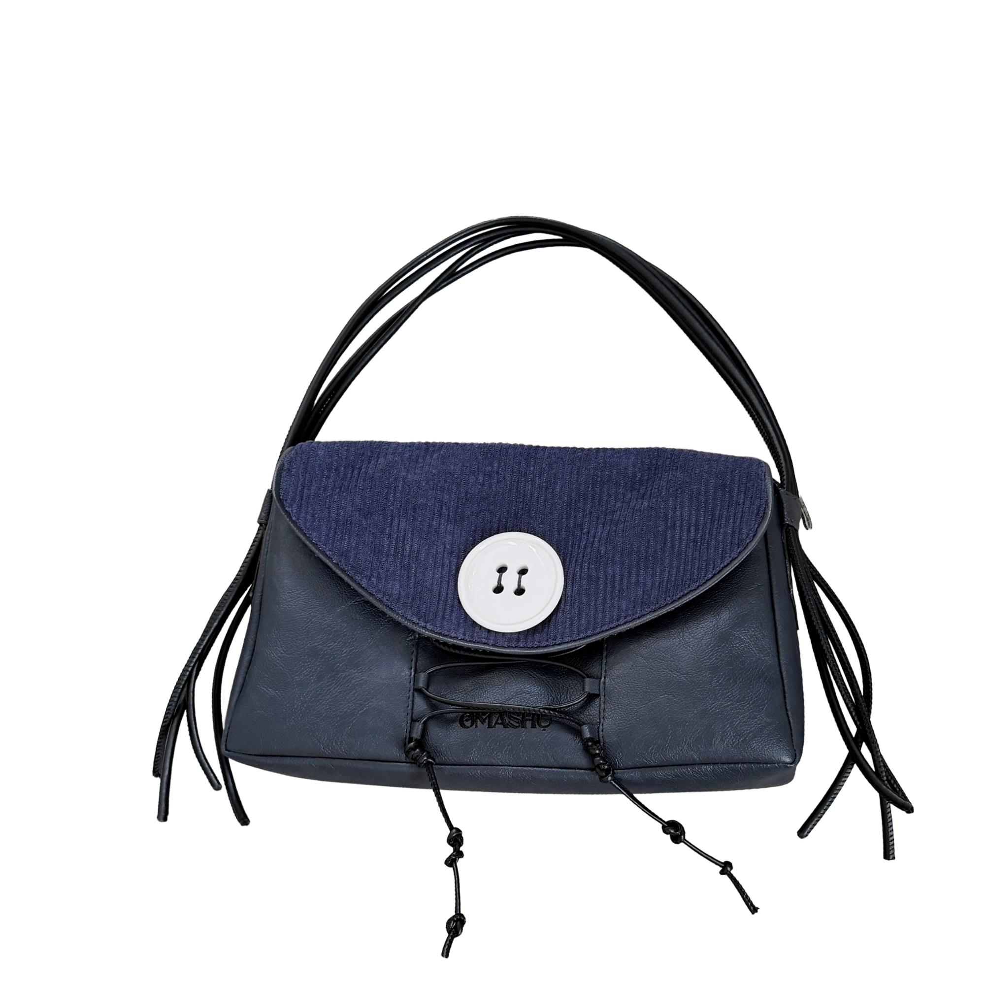 Blue handbag with black straps on a white background