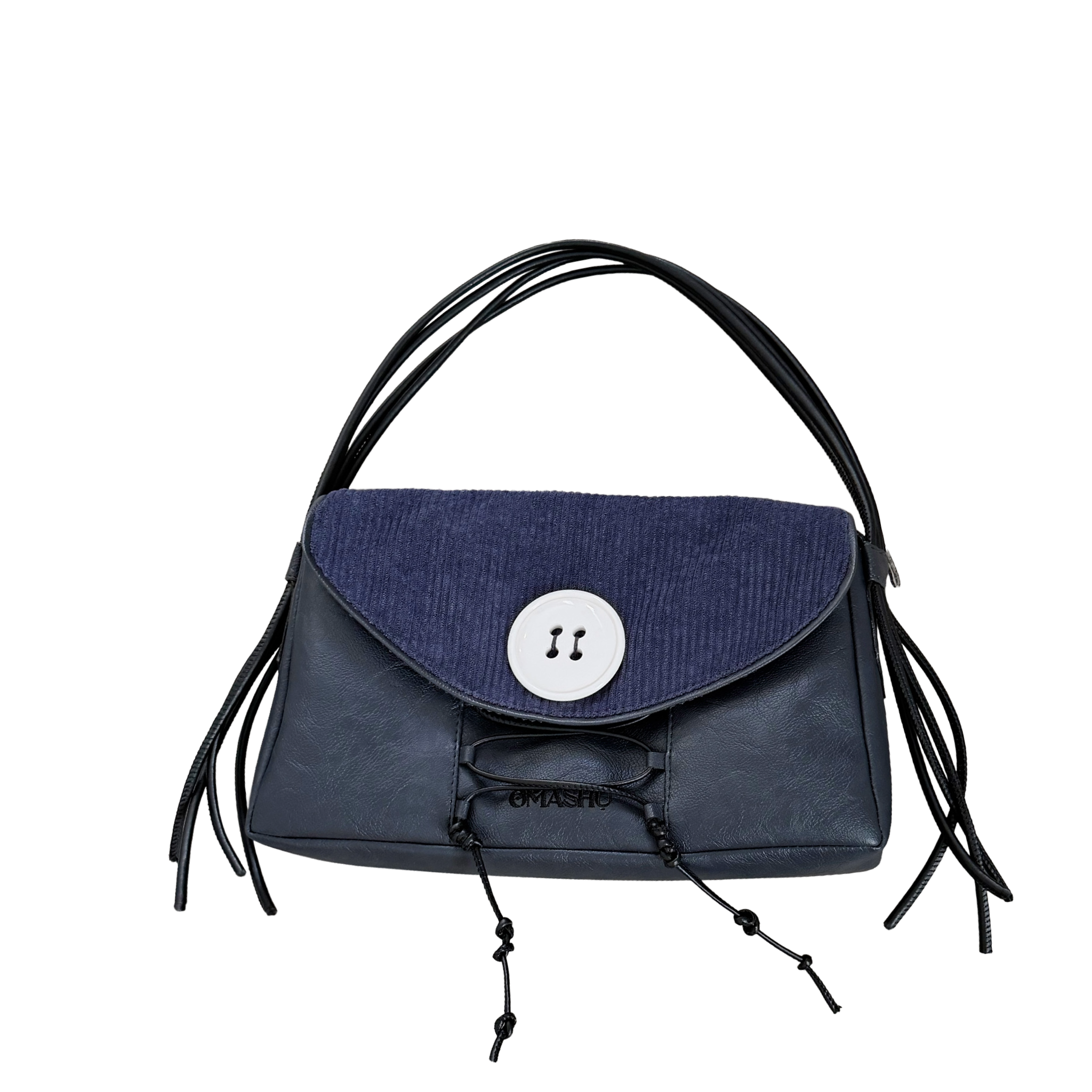 Blue handbag with black straps on a white background
