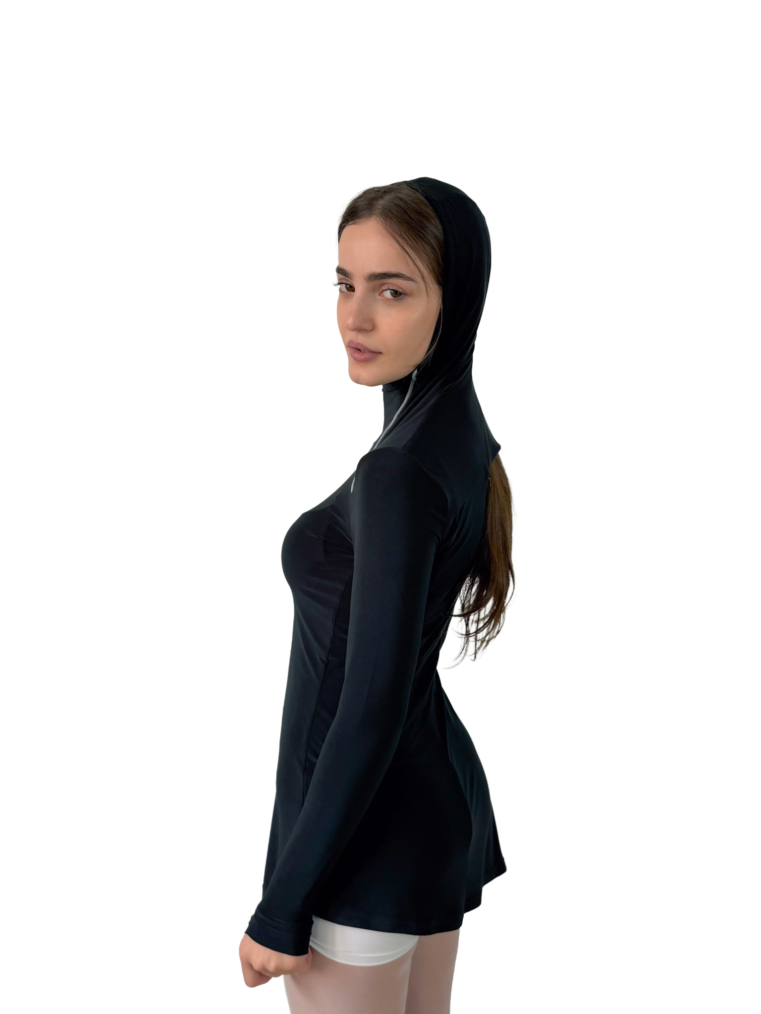 Woman wearing a black hooded top on a white background