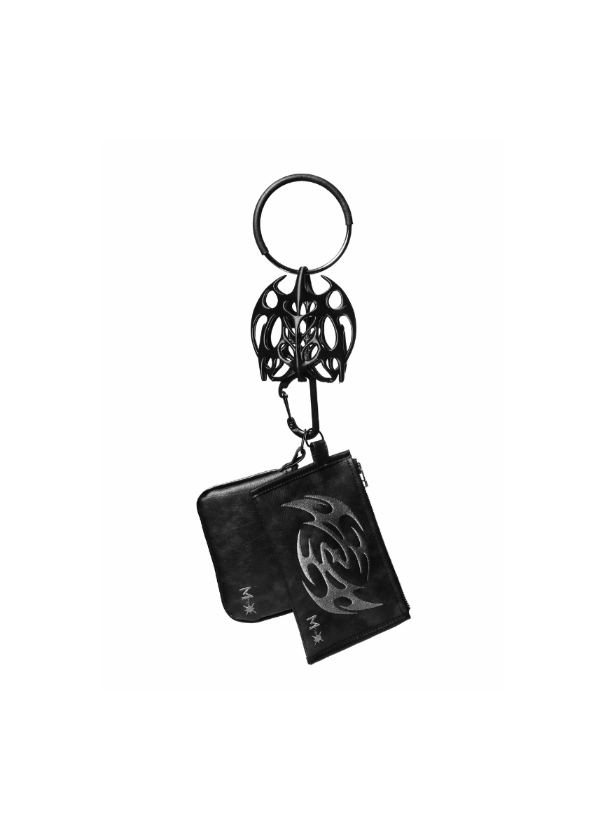 Black keychain with wallet attached on a white background