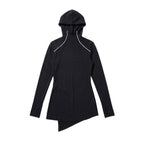 Black hooded jacket with white accents on a white background