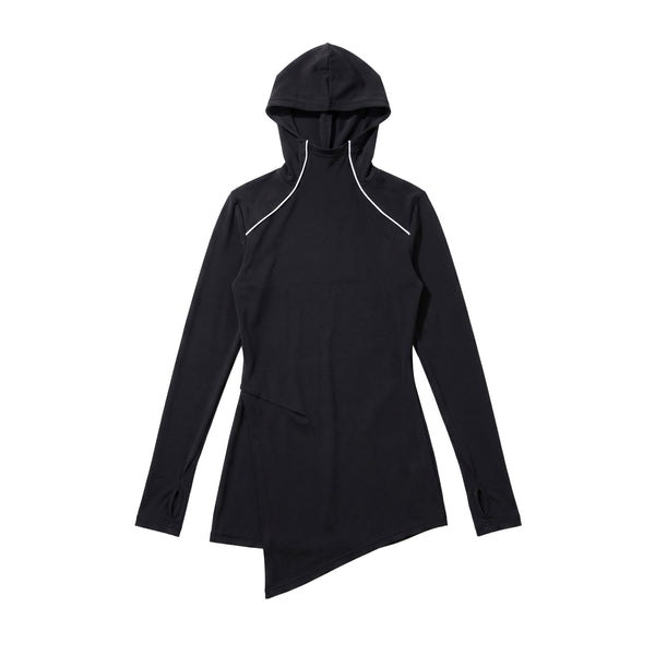 Black hooded jacket with white accents on a white background