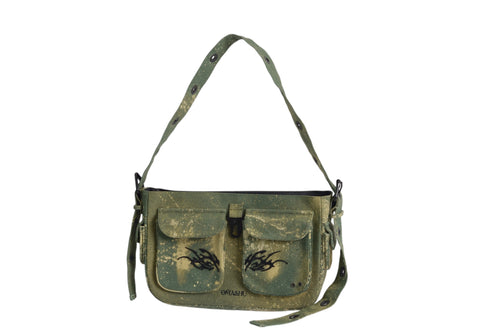 embossed embroiderred shoulder bag in muted olive