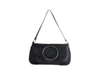 Omashu Anya black faux leather shoulder bag with large silver-tone ring detail and tonal embroidery, front view.