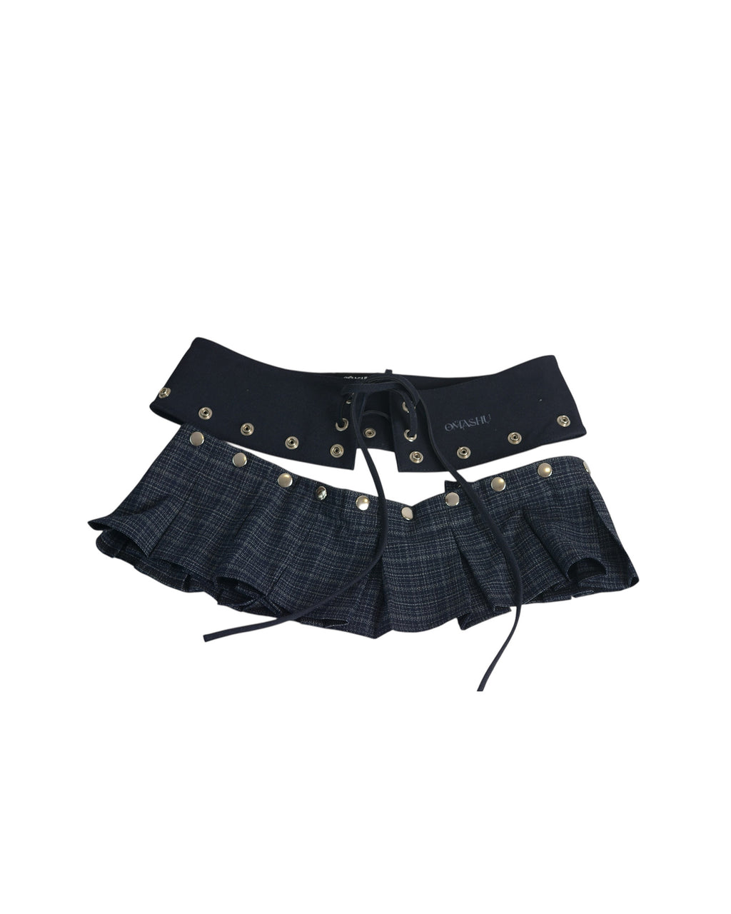 Navy blue skirt with decorative buttons on a white background