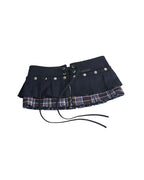 Navy blue skirt with plaid pattern and silver buttons on a white background