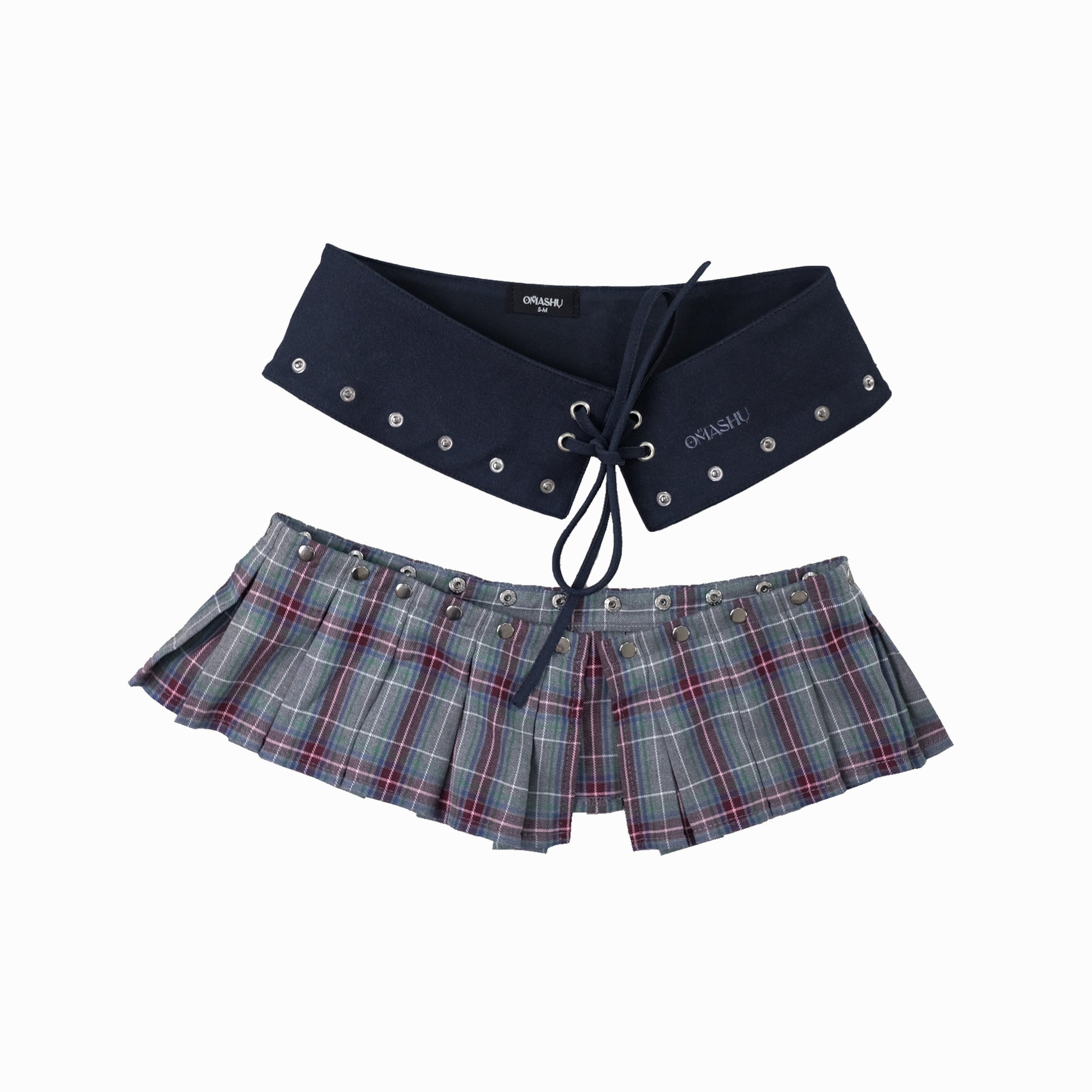 Snap belt skirt - Navy plaid