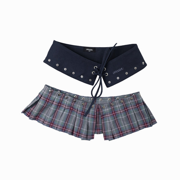 Snap belt skirt - Navy plaid