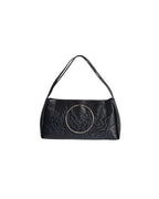 Black bag features a circular and wavy metallic embellishment on the front. Made from faux leather material.
