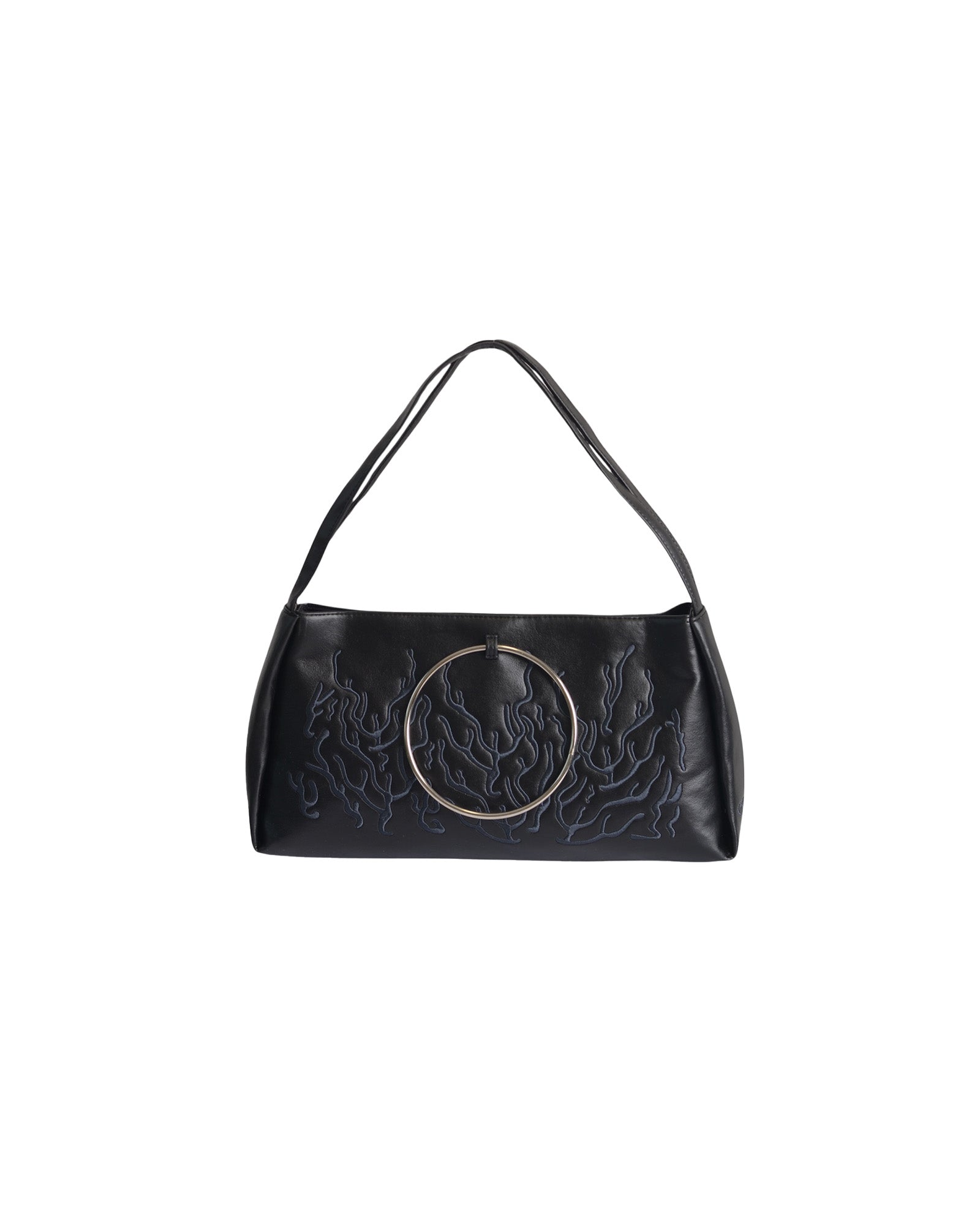 Black bag features a circular and wavy metallic embellishment on the front. Made from faux leather material.