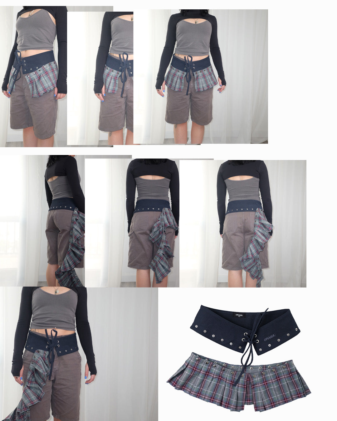 Snap belt skirt - Navy plaid
