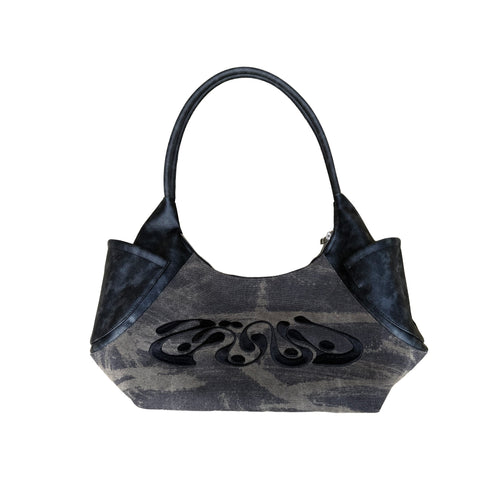 Black and gray handbag with a brand logo on a white background