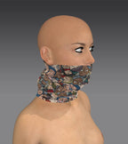 A digital mannequin wearing a neck gaiter featuring an abstract design of colorful cartoon faces. The mannequin is viewed from the side, showing the details of the neck gaiter wrapped around the neck.