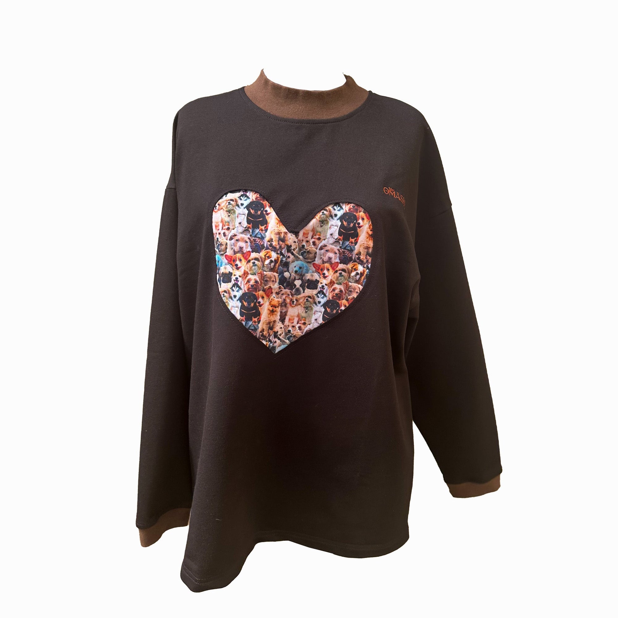 This sweatshirt features a heart-shaped cutout filled with images of dogs, swaetshirt is black