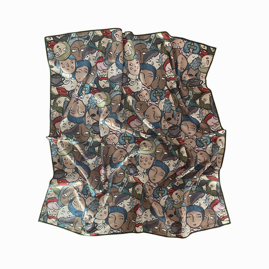 Cartoon pattern crumpled paper with various cartoon characters in brown, blue, red, and green.