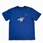 a blue t-shirt with graphic design on the chest area features a heart with wings and flames on its head. The crew neck style with short sleeves. The brand of the t-shirt is “Omashu”, which is written in small white letters on the back of the neck and on chest.