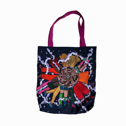 A tote bag with a colorful and abstract design on it. The bag is black in color with a purple handle. The design on the bag is a mix of different colors and shapes. It appears to be a collage of different objects and patterns. The design includes a large orange flower, a brown nest, a green snake, and a red and yellow striped pattern. The background of the design is a dark blue with white splatter marks.